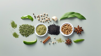 Various herbs, spices and vegetables on light grey background, top view - obrazy, fototapety, plakaty