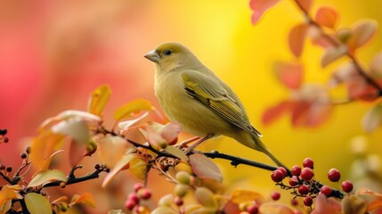 Obraz premium Greenfinch on tree. Generative AI