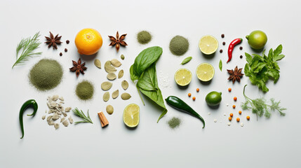 Various herbs, spices and vegetables on white background, top view