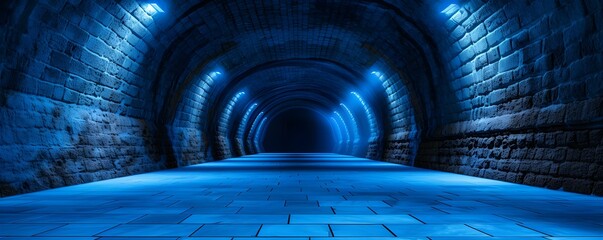 Dark underground with blue lighting perfect for text or product placement. Concept Industrial Underground, Blue Light Ambiance, Text and Product Showcase, Dramatic Underground Setting