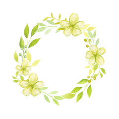 Watercolor round frame with green flowers and leaves. Cute wreath with fresh flowers, branches and berries. Design and layout of cards, greeting cards, invitations, space for text.