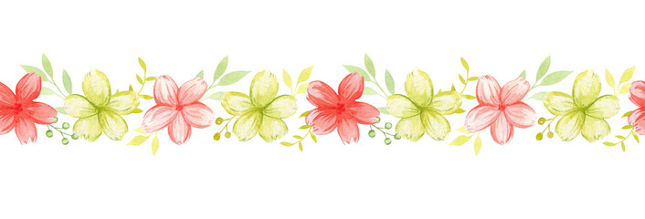 Watercolor seamless border with pink and green flowers and leaves. Hand-drawn illustration for the design and decoration of packaging, ribbons, tape, stationery, textiles. Cute style