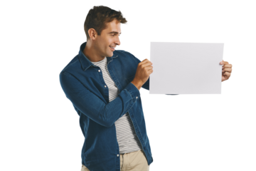 Smile, announcement and man with blank banner on deal promotion isolated on transparent png background. News, presentation and happy person showing offer on paper, sign or billboard with mockup space