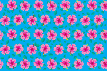 Illustration wallpaper of hibisscus flower with leaves on blue background.