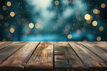 Empty Wooden Table Top for Product Display with Rain bokeh Background