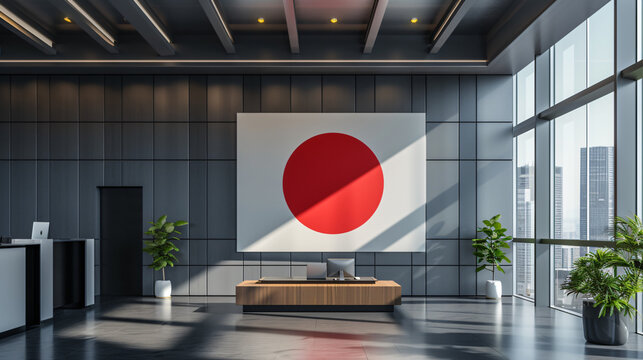 Japan flag elegantly displayed in a modern showroom, soft ambient lighting, creating a sophisticated and commercial aesthetic