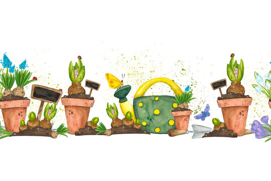 Seamless border, banner of watercolor illustrations on the theme of gardening, hand drawn. Primroses, hyacinth, bulbs, spring, freshness, ladybug, beetle, insects, garden tools, watering can