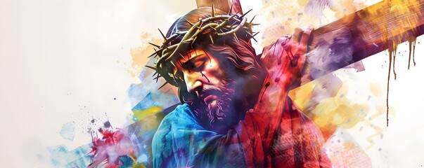 Vibrant Watercolor-style Digital Artwork: Jesus Carrying His Cross. Concept Sunset Silhouettes, Beach Vacation, Family Picnic, Hiking Adventure, Urban Exploration