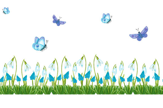 Seamless border, hand drawn watercolor illustration banner on spring flowers theme. Viper's onion, Mouse hyacinth, primroses, snowdrops, greens, grass, spring, freshness, butterflies, flight, insects