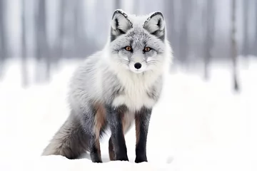 Foto op Canvas A curious silver fox, its sleek fur shining against a snowy white background, blending perfectly with its surroundings. © Animals