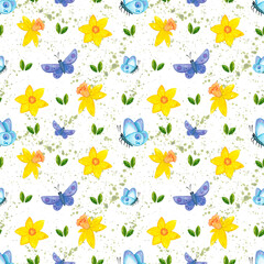 Seamless pattern of hand-drawn watercolor illustrations on the spring theme of garden and flowers.