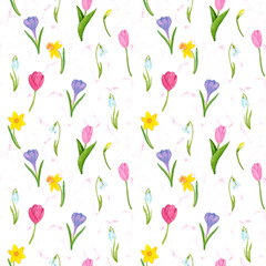 Seamless pattern of hand-drawn watercolor illustrations on the spring theme of garden and flowers. Spring, bright, floral, cartoon, spring, flowers, tulip, tulips, crocus, daffodil, pink, garden