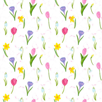 Seamless pattern of hand-drawn watercolor illustrations on the spring theme of garden and flowers. Spring, bright, floral, cartoon, spring, flowers, tulip, tulips, crocus, daffodil, pink, garden