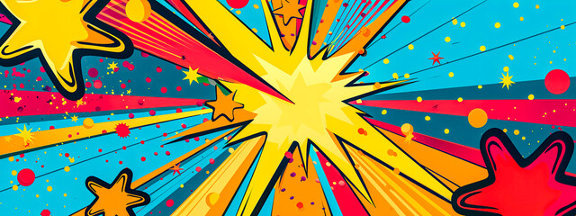 Fototapeta premium Vibrant comic book background with stars, rays, and electric blue color palette