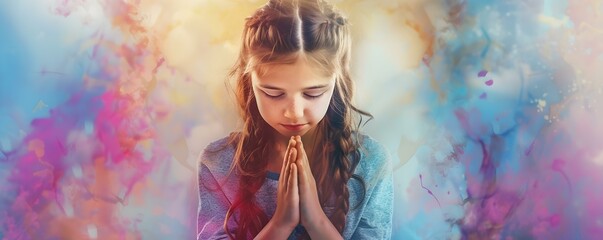 Young girl deeply immersed in prayer against a vibrant watercolor backdrop. Concept Prayerful Reflection, Spiritual Serenity, Vibrant Watercolor, Deep Immersion, Youthful Devotion