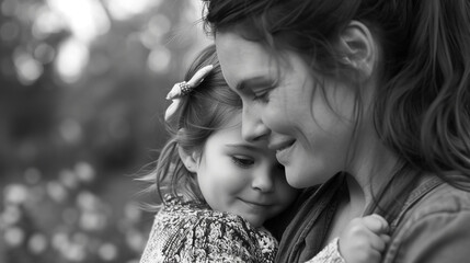 mother and daughter hugging and smiling, black and white photo