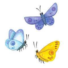 Watercolor illustration, hand drawn. Isolated object three butterflies. Hobby, scrapbooking, spring, garden, gardening, flowers, floriculture, cartoon, insects, arthropod, summer, butterfly