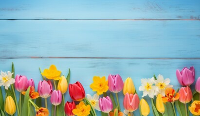 colorful tulips and daffodils on blue wooden table