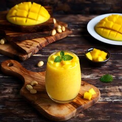 delicious mango milkshake smoothie in a glass with mango chunks