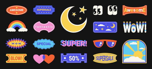 Y2K sticker set, old fashioned labels and badges in retro graphic style, design elements and decorations. Vector illustration.	
