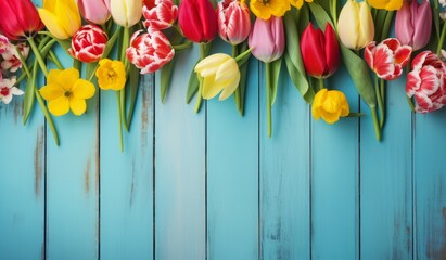 colorful tulips and daffodils on blue wooden table