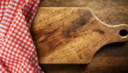 Old wooden cutting board with a red and white checkered tablecloth on a wooden table with copy...