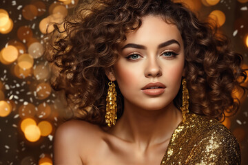 Fototapeta premium A beautiful woman with curly hair is wearing a gold dress. She has a bare shoulder and is looking straight into the camera. Background orange, gold. Copy space
