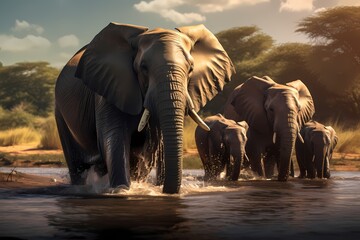 A family of elephants gathered at a watering hole, spraying water on themselves to cool down on a...
