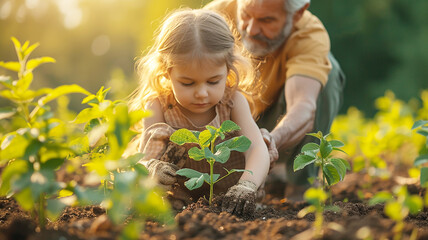 Family planting tree on Arbor day in spring. Generative AI.
