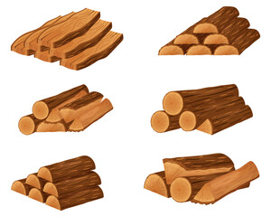 wooden logs, piles of firewood and stacked firewood and boards.