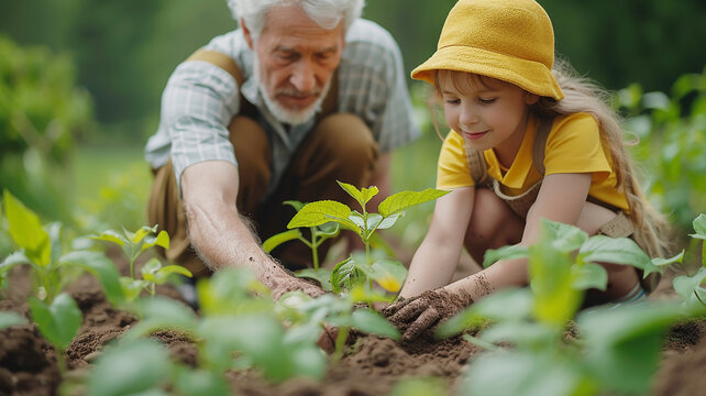 Family planting tree on Arbor day in spring. Generative AI.