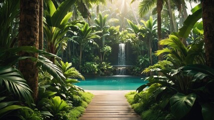 Fototapeta na wymiar Tropical island with palms, Tree in the garden, tropical evergreen forest and leaves plant wallpaper, tropical wallpaper, green plant and leaves background