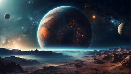 Planets in deep space. Panorama in the endless expanse of space. Cinematic view. - obrazy, fototapety, plakaty