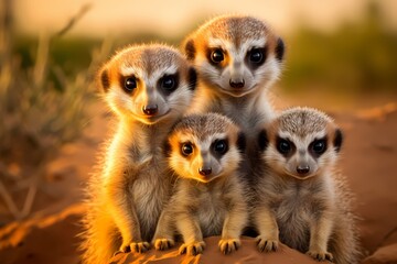 A family of meerkats huddled together, their watchful eyes scanning the horizon for any signs of danger.