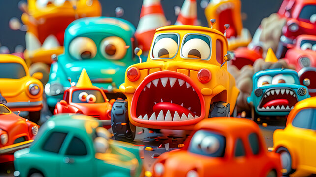 Colorful Animated Toy Cars with Expressive Cartoon Faces in Playful Traffic Jam