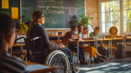 Woman teacher in a wheelchair gives a lesson in a school office. Concept for international women's day and people with disabilities.