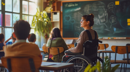 Woman teacher in a wheelchair gives a lesson in a school office. Concept for international women's day and people with disabilities. - obrazy, fototapety, plakaty