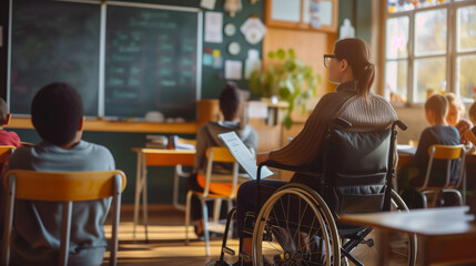 Woman teacher in a wheelchair gives a lesson in a school office. Concept for international women's day and people with disabilities.