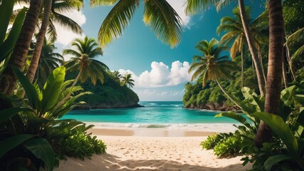 Tropical island with palms, Tree in the garden, tropical evergreen forest and leaves plant wallpaper, tropical wallpaper, green plant and leaves background