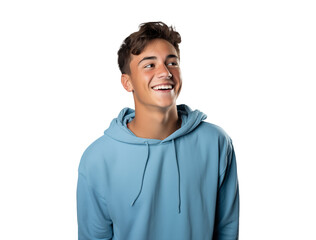 isolated portrait of a cheerful teenager boy, friendly guy looking away