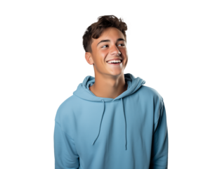isolated portrait of a cheerful teenager boy, friendly guy looking away