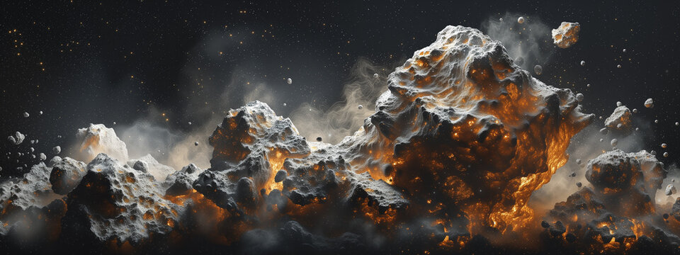 Massive asteroid field in space.