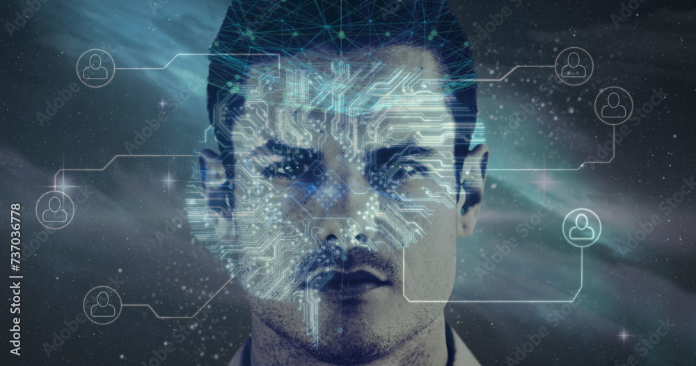 Poster image of digital interface with icons and data processing