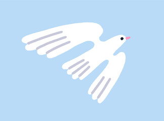 Dove flying in sky. Feathered bird spreading wings in flight, soaring, gliding in air. Peaceful free white pigeon travels. Peace, hope, love, freedom symbol. Flat vector illustration