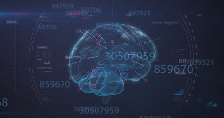 Multiple increasing numbers over spinning human brain against blue background