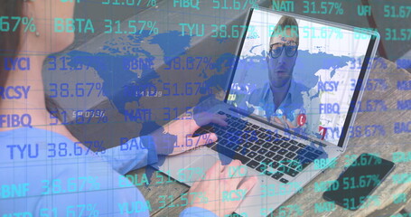Stock market data processing over world map against caucasian woman having a image call with female 