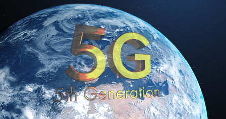 Digital image of 5g text over spinning globe on blue background
