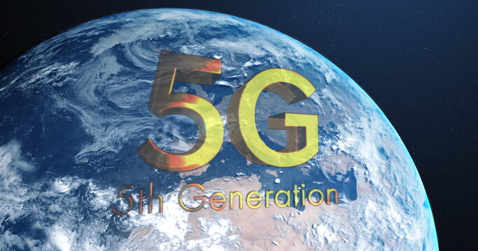 Naklejki Digital image of 5g text over spinning globe on blue background