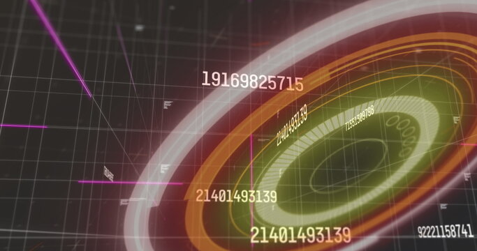 Multiple changing numbers and data processing against round scanner on dark background