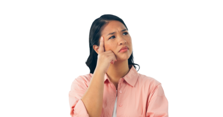Thinking, idea and confused woman planning, problem solving or decision isolated on a transparent png background. Doubt, choice and serious Asian person with vision, brainstorming or remember memory